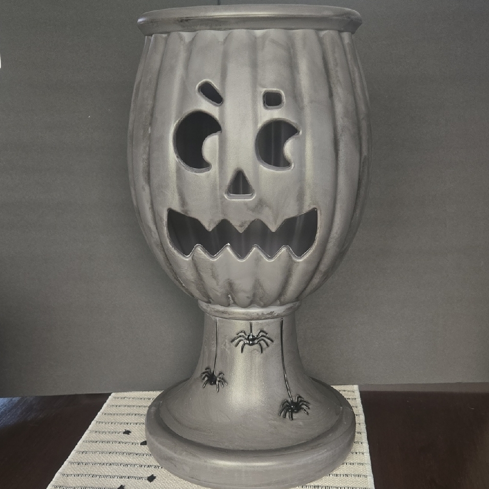 Gray Halloween Pumpkin Urn With Spiders
